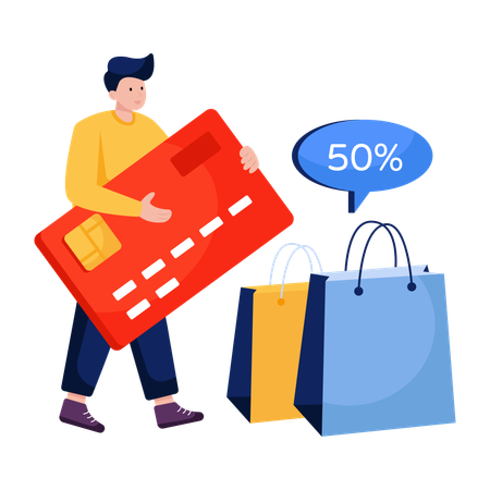 Mann erhält Card-Shopping-Rabatt  Illustration