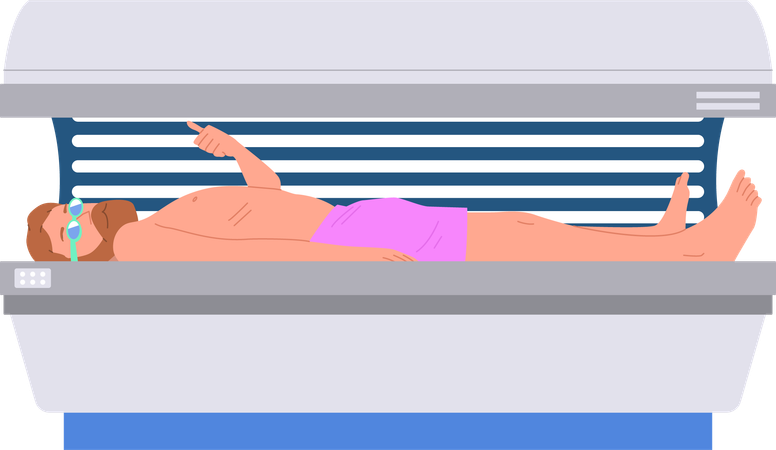 Mann erhält künstliche Sonnenbehandlung im Solarium  Illustration