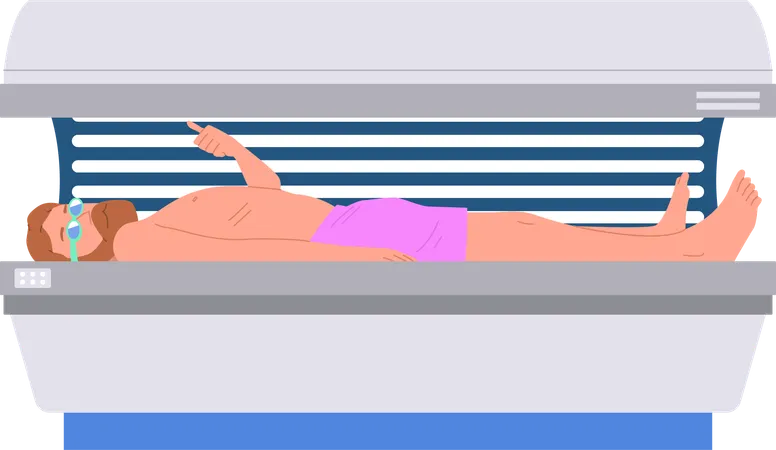 Mann erhält künstliche Sonnenbehandlung im Solarium  Illustration