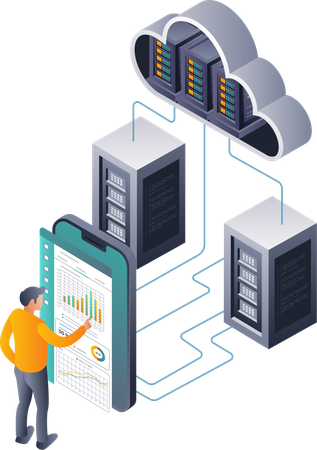 Mann erledigt Netzwerkdatenverwaltung und -analyse für Cloud-Server  Illustration