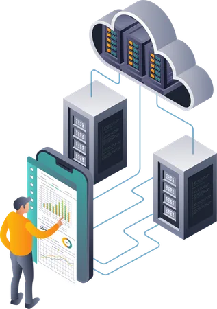 Mann erledigt Netzwerkdatenverwaltung und -analyse für Cloud-Server  Illustration