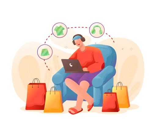 Mann macht Online-Shopping, während er zu Hause auf der Couch sitzt  Illustration