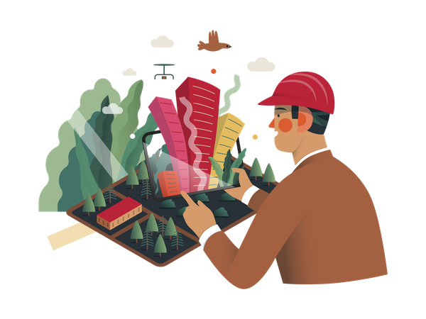 Mann erstellt Bauplan mit VR-Technologie  Illustration