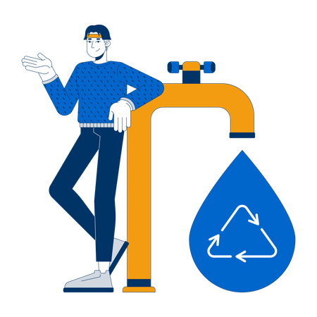 Mann erzählt von Wasserrecyclingsystem  Illustration