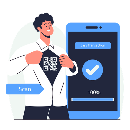 Mann erzählt von einfacher Transaktionszahlung mit QR-Code-Barcode-Scanner  Illustration