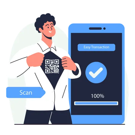 Mann erzählt von einfacher Transaktionszahlung mit QR-Code-Barcode-Scanner  Illustration