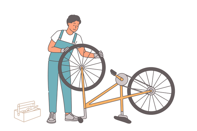 Mann, Fahrrad-Mechaniker und Reparatur von Rädern oder Zusammenbau von Fahrrädern aus gekauften Ersatzteilen  Illustration