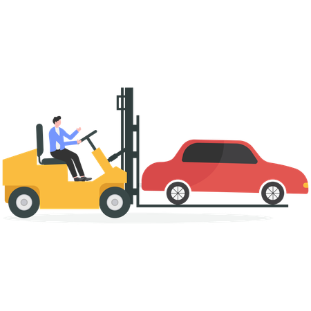 Mann bewegt Auto mit Gabelstapler  Illustration