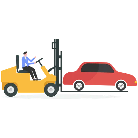 Mann bewegt Auto mit Gabelstapler  Illustration