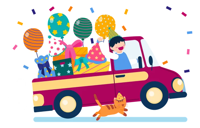 Mann fährt ein Auto voller Geschenke  Illustration