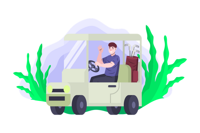 Mann fährt Golfmobil  Illustration