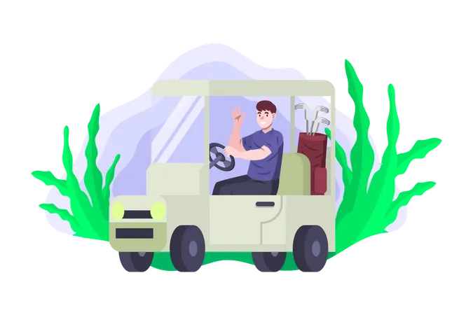 Mann fährt Golfmobil  Illustration