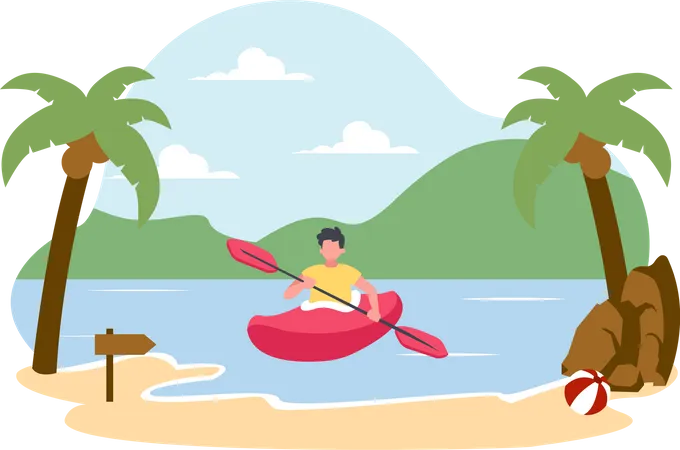Mann reitet Kajak an einem tropischen Strand  Illustration