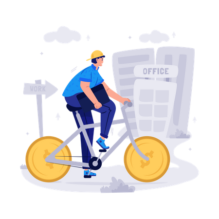 Mann fährt mit dem Fahrrad ins Büro  Illustration