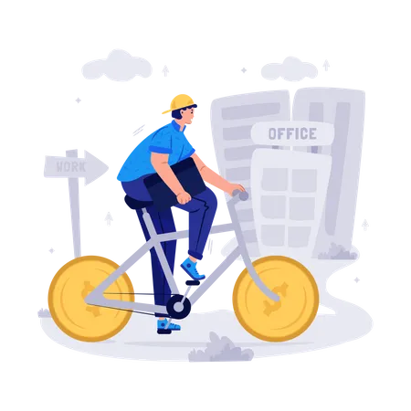 Mann fährt mit dem Fahrrad ins Büro  Illustration