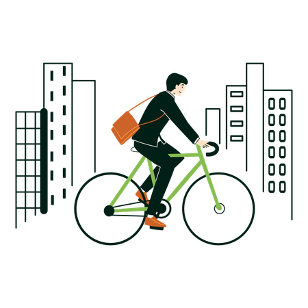 Mann fährt mit dem Fahrrad zur Arbeit – nachhaltiges Pendeln  Illustration