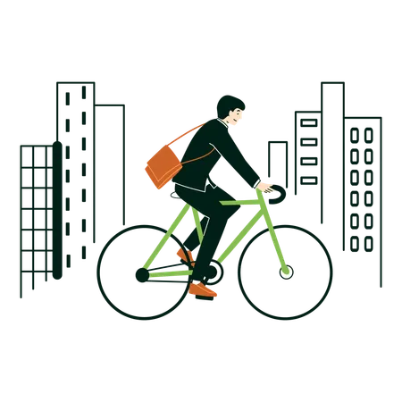 Mann fährt mit dem Fahrrad zur Arbeit – nachhaltiges Pendeln  Illustration