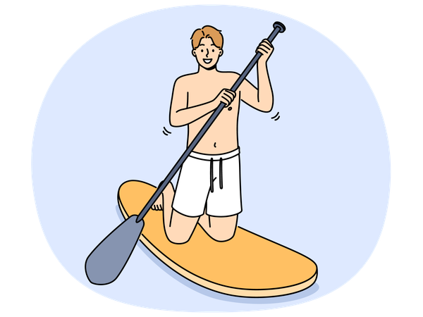 Mann fährt SUP-Board mit Ruder in der Hand und blickt lächelnd auf den Bildschirm  Illustration