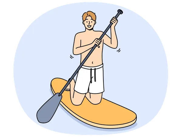 Mann fährt SUP-Board mit Ruder in der Hand und blickt lächelnd auf den Bildschirm  Illustration