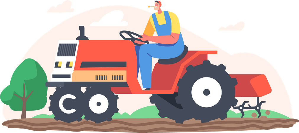 Mann fährt Traktor auf dem Feld  Illustration