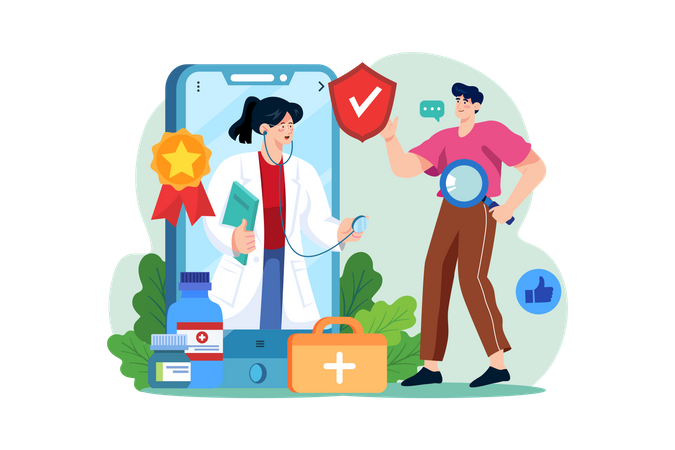Mann findet in der Medizin-App den besten Arzt  Illustration