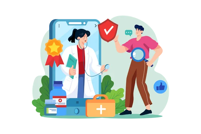 Mann findet in der Medizin-App den besten Arzt  Illustration