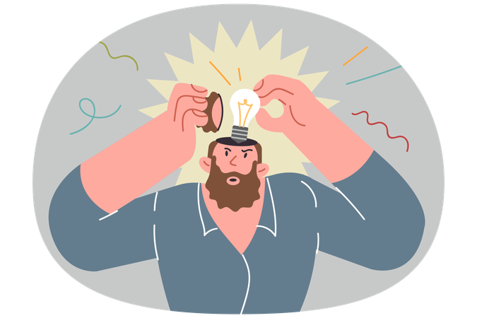 Mann findet neue Idee dank Brainstorming zur Problemlösung, indem er mit Glühbirne im Kopf steht  Illustration