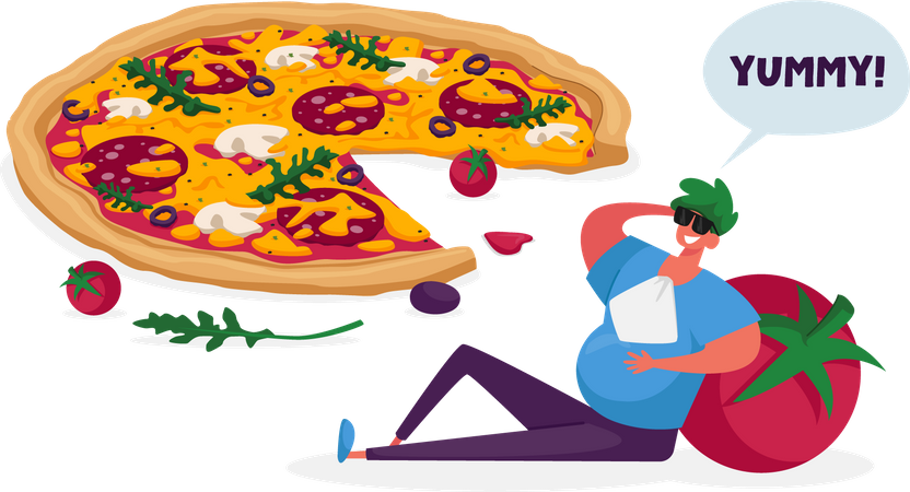 Mann fühlt sich satt, nachdem er leckere italienische Pizza gegessen hat  Illustration