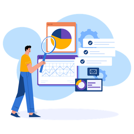 Mann bei der analytischen Datenrecherche  Illustration