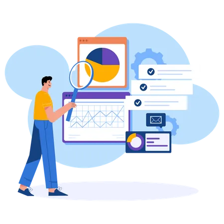 Mann bei der analytischen Datenrecherche  Illustration