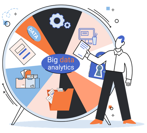 Mann führt Big Data-Analyse mit Bericht durch  Illustration