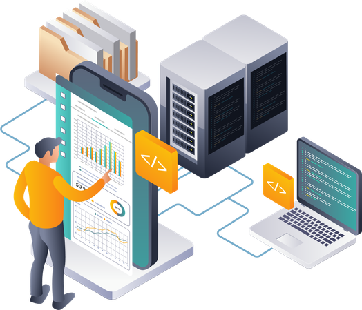 Mann führt Netzwerkdatenanalyse für Serverentwicklung und -verwaltung durch  Illustration