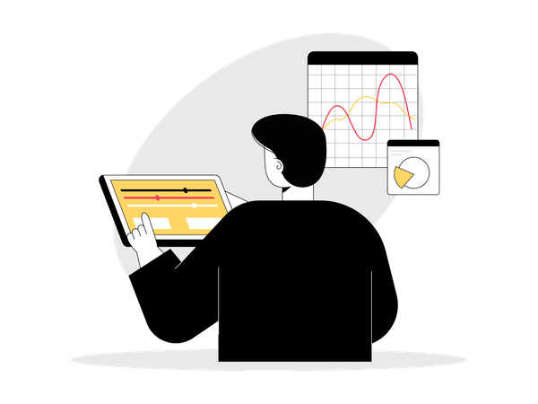 Mann führt technische Analyse durch, bevor er Handel tätigt  Illustration