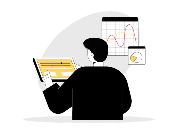 Mann führt technische Analyse durch, bevor er Handel tätigt  Illustration