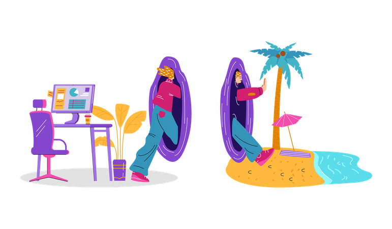 Mann geht durch Teleport-Portal vom Büro zum Strand  Illustration