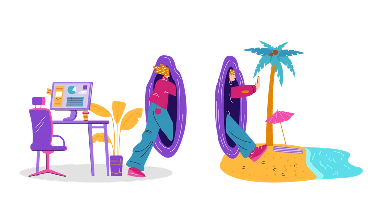 Mann geht durch Teleport-Portal vom Büro zum Strand  Illustration