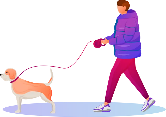 Mann geht im Winter mit seinem Haustier spazieren  Illustration