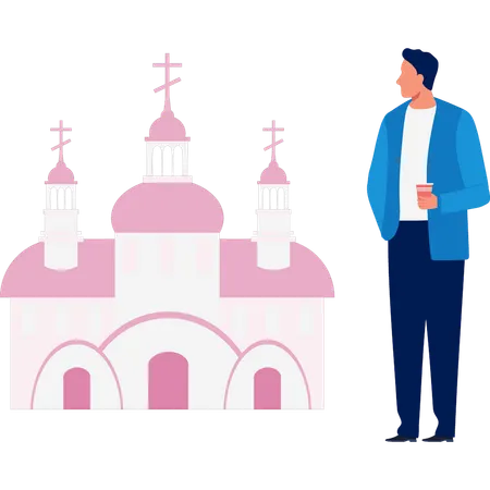 Mann geht in der Nähe der Kirche  Illustration