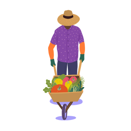 Mann geht mit Einkaufswagen voller Gemüse  Illustration
