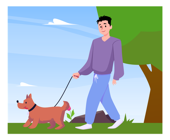 Mann geht mit Hund im Park einer haustierfreundlichen Stadt spazieren  Illustration