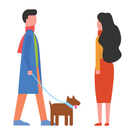 Mann geht mit Hund spazieren, während er Freund trifft  Illustration