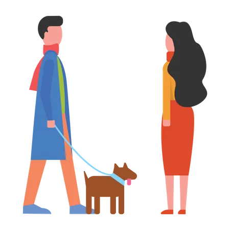 Mann geht mit Hund spazieren, während er Freund trifft  Illustration