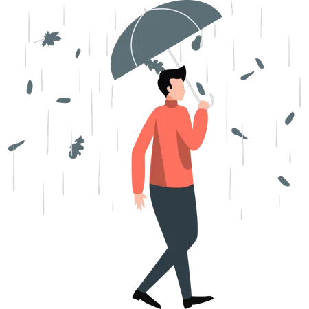 Mann läuft mit Regenschirm bei Regenwetter  Illustration