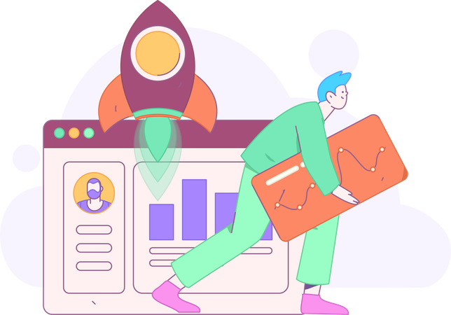 Mann geht mit Startup-Wachstumsdiagramm  Illustration