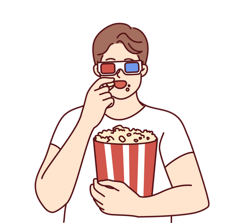 Mann genießt 3D-Film und isst Popcorn  Illustration