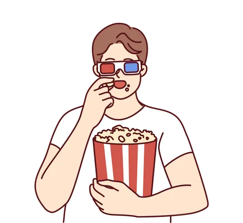 Mann genießt 3D-Film und isst Popcorn  Illustration