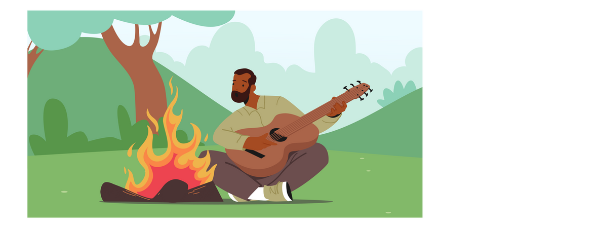 Mann genießt Feuer und spielt Gitarre  Illustration