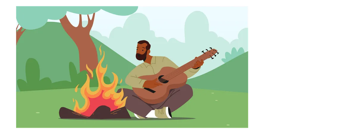 Mann genießt Feuer und spielt Gitarre  Illustration