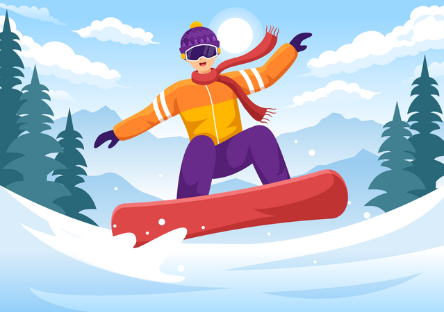 Mann genießt Snowboarden  Illustration