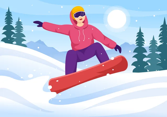 Mann genießt Snowboarden  Illustration